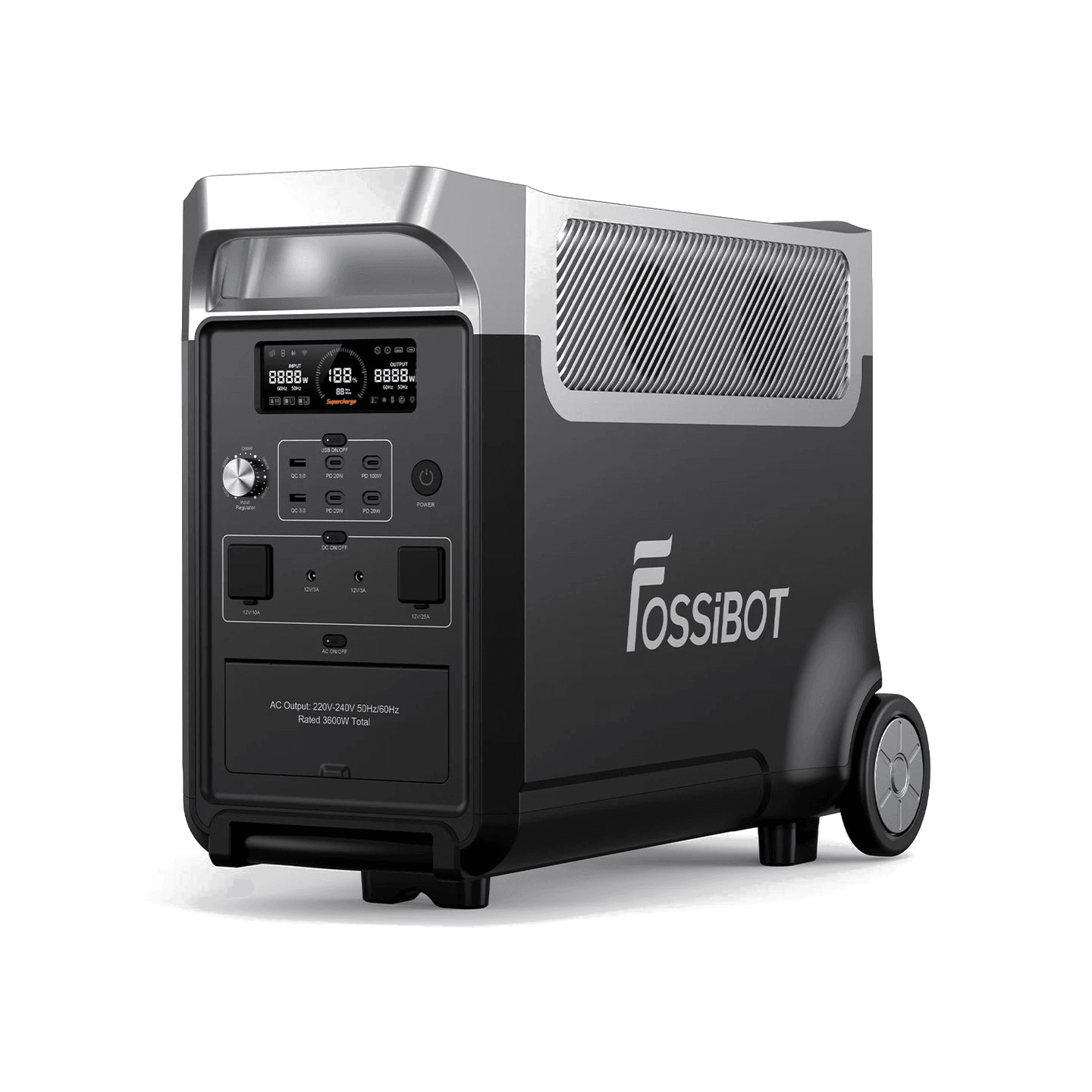 FOSSiBOT F3600 Pro vista frontal y lateral sobre fondo transparente