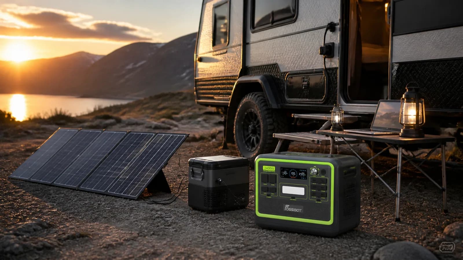 FOSSiBOT F2400 junto a una caravana y paneles solares